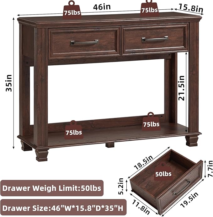 Farmhouse 46" Console Table with 2 Drawers, Rustic Wood 2 Tier Entryway Table with Open Storage Shelf for Entry, Large Mid-Century Vintage Sofa Tables Behind Couch for Living Room, Walnut