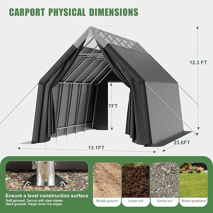 Skyview Portable Garage, 13x24 FT Heavy Duty Carport Canopy with Translucent Roof, Reinforced Metal Frame, Zipper Doors,All-Weather Resistant, Waterproof Outdoor Storage Shelter for Cars/RV/ATV