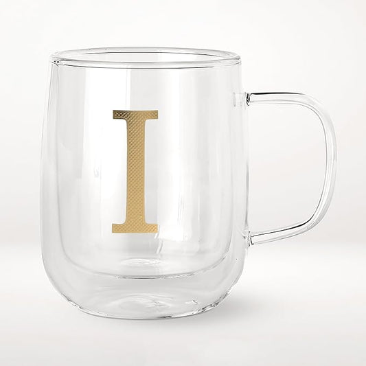 COLLECTIVE HOME - Double Walled Glass Coffee Mugs, Insulated Coffee Mug with Handle, Personalized Gifts for Women, Men, Christmas, 14 oz Monogram Cups (I)