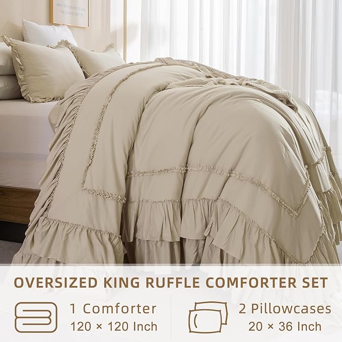 QSH Wheat Oversized King Comforter Set 120x120, Farmhouse Ruffled Bedding Comforter French Country Shabby Vintage Bed Comforter Microfiber Soft Lightweight Fluffy Bedding 3 PCs