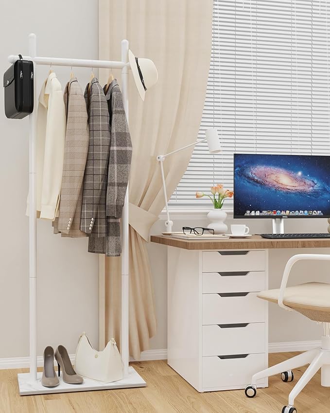 Coat Rack Freestanding with Natural Rock Base, Metal Coat Hanger Stand, Industrial Garment Rack, Clothes Tree, Suitable For Outerwear, Hats, Handbags, 68.9in, White