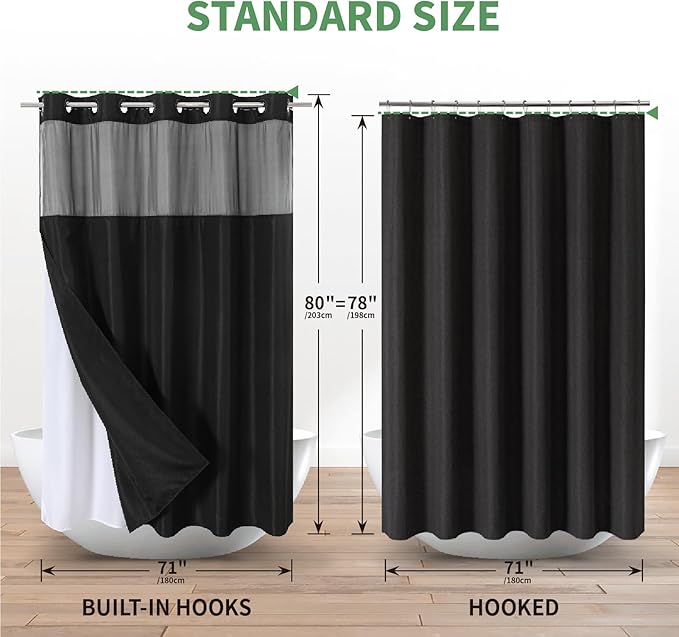 Black Long No Hook Shower Curtain with Snap-in Fabric Liner Set,Slub Textured Fabric Shower Curtains for Bathroom,Hotel Style Modern Shower Curtain,Water Repellent & Washable,71x80(78)