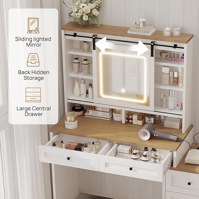ALBAD Vanity Desk with Mirror and Lights Farmhouse Makeup Vanity Desk with Sliding Mirror and Vanity Stool Set Rustic Vanity Dresser with Organization and Storage Drawers and Charging Station White