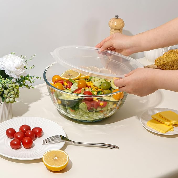 NUTRIUPS 4.7 Quart Large Glass Mixing Bowl with Lid, Deep Big Glass Bowl Large Salad Bowl (White-A)