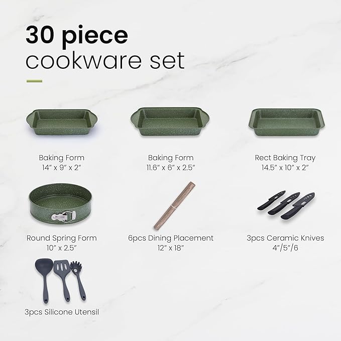 Kitchen Academy Pots and Pans Set Nonstick, 30 Pieces Induction Kitchen Cookware and Bakeware Sets, Green Granite Coating Cooking Pans Set