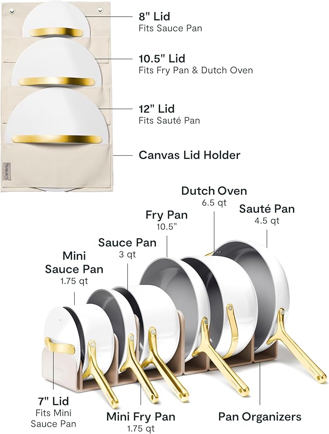 Caraway Deluxe Nonstick Ceramic Cookware Set (16 Piece) Pots, Frying Pans, Lids and Kitchen Storage - PFAS & PFOA Free - Oven Safe Ceramic Pan Set & Compatible with All Stovetops - White