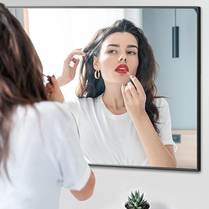 26x40 Inch Black Bathroom Mirror, Copper-Free Mirror, Aluminum Alloy Frame Vanity Mirror, Rectangle Wall Mounted Mirror, Modern Mirror for Bedroom/Living Room/Porch Horizontal or Vertical