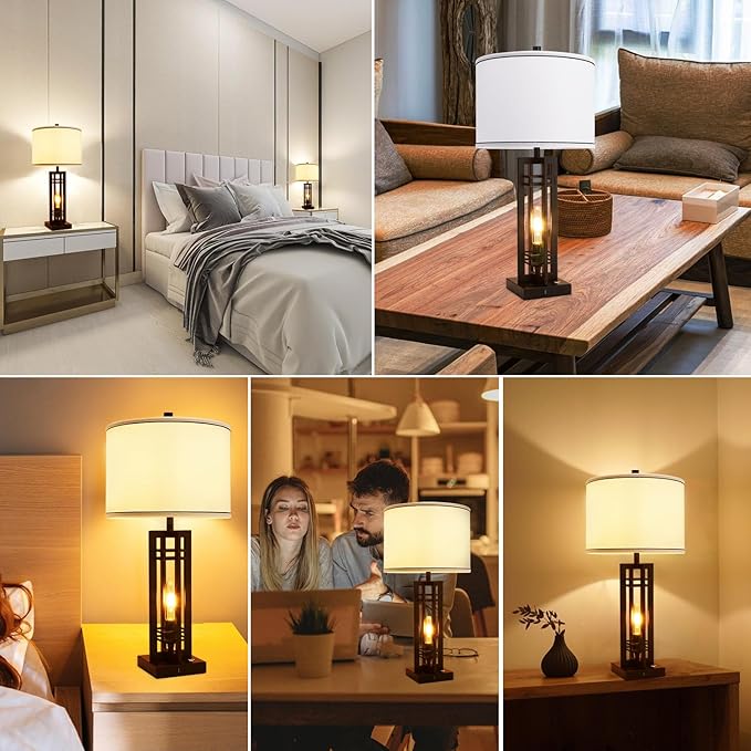 27" Touch Control Farmhouse Table Lamps, Set of 2 Tall Rustic Table Lamps 2-Light Design with USB A+C Ports, Bedside Lamps with White Shade for Living Room Home Office, 4 LED Bulbs Included