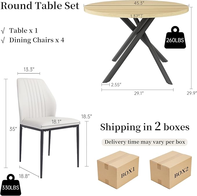 45.3'' Walnut Round Dining Table Set for 4, Mid Century Modern Small Coffee Set for Dining Room Kitchen Apartment (Cream Table + 4 White Chairs)