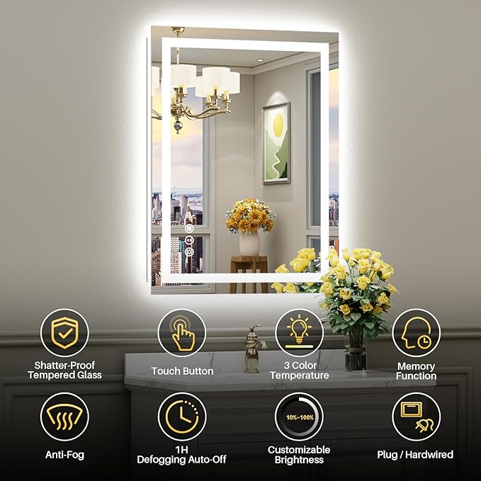 36"x30" LED Bathroom Mirror with Lights, Backlit & Front Lit, Anti-Fog Lighted Bathroom Vanity Mirror for Wall, Memory Function, Dimmable, HD Tempered Glass, Shatter-Proof