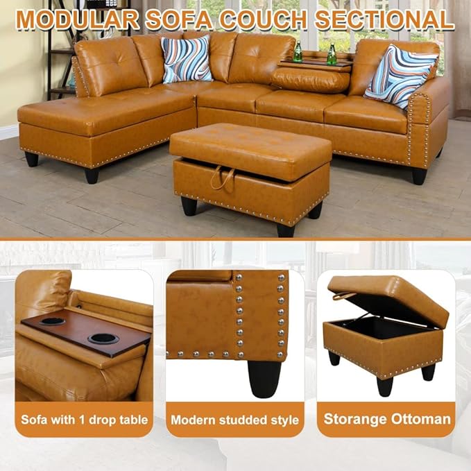 L Shaped Sectional Couch with Storage Ottoman, Modern Nailhead Comfy Lounge Sofa with Reversible Cup Holder & Chaise, 97" 4 Seat Modular Sofá for Living Room Apartment, Ginger