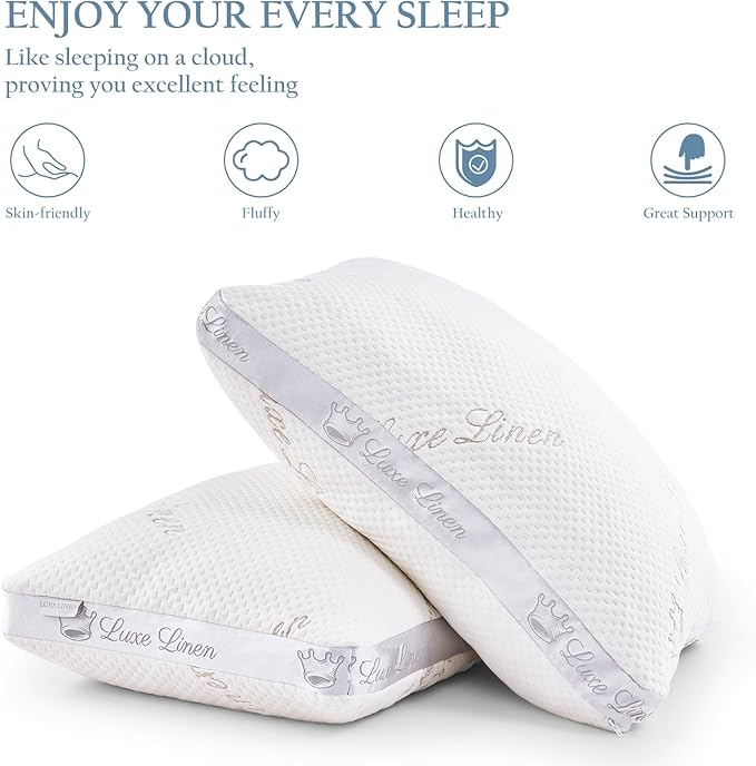 Organic Cotton Standard Bed Pillows, Shredded Memory Foam Pillows, Adjustable Bed Pillow for Sleeping, 18"x26"Organic Cotton Bed Pillows for Side, Back, Stomach Sleepers（Pack of 1）