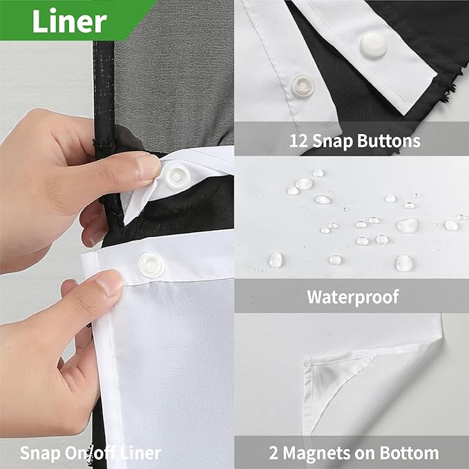 no Hook Shower Curtain and Liner Set，Boho Style with See Through Top Window, Black Fabric Tufted Striped Textured Outer Curtain & Waterproof Inner Liner, DarkBlack, 71Wx86H