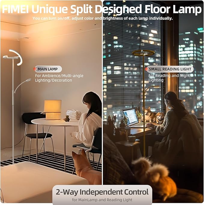 FIMEI Split Floor Lamp Modern LED Rotatable Floor Lamp with Reading Light, Eye-Protection Reading Standing Lamp with Stepless Dimming and 3000K-6000K Color, Separately Rotatable Design, White