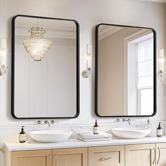 USHOWER 2-Pack Black Bathroom Mirrors Over Sink 22 x 30 Inch, Metal Frame Rectangle Mirror, Modern Farmhouse Vanity Mirror, Wall Mounted