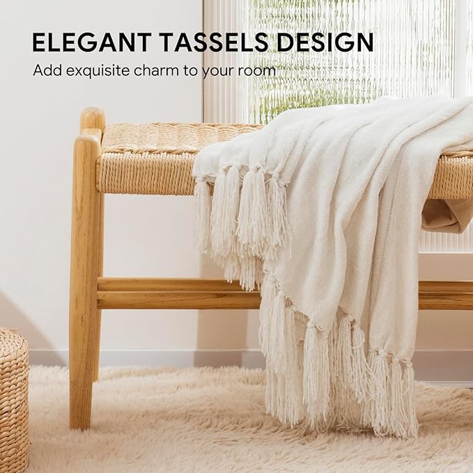 RECYCO Throw Blanket Soft Cozy Chenille Throw Blanket with Fringe Tassel for Couch Sofa Chair Bed Living Room (Ivory White, 60" x 80")