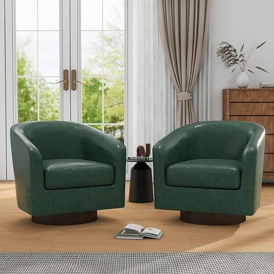 UIXE Faux Leather Swivel Accent Chairs, Modern Upholstered Barrel Club Chair for Living Room, Round Armchair Single Sofa Bedroom Side Reading Seat - Green, Set of 2