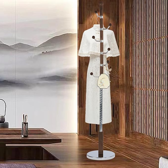Coat Rack Freestanding, Wooden Tree Coat Rack Stand with 3 Adjustable Sizes Coat Tree and 14 Hooks, Sturdy Hall Tree with Solid Round Base for Entryway, Hallway,Bedroom (Walnut Metal)