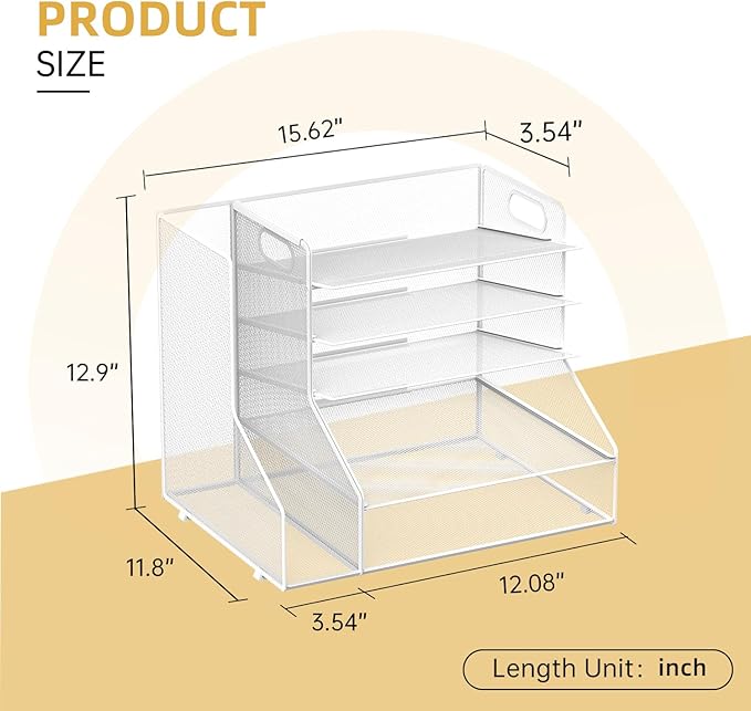 SUPEASY Desk Organizer with File Holder, 5-Tier Mesh Paper Letter Tray with Magazine Holder, Desktop Organizer and Storage for Desk Accessories Office Supplies, White