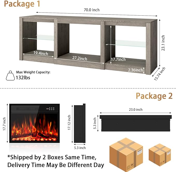 Ludatido 70 Inch Fireplace TV Stand with 23" Fireplace Insert, Entertainment Center with 14-Color LED Lights, Open Storage, Adjustable Glass Shelves, Gray TV Stand for Living Room Fits up to 80" TVs