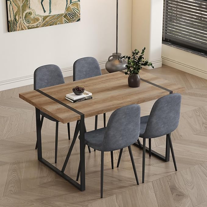 4 Chair Dining Table Set，Dinner Table Set for 4，55'' Kitchen Table and Suede Nap Fabic Chairs Set of 4, 5 Piece Dining Table Set for Kitchen Dining Room
