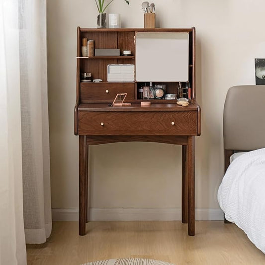 Small Vanity Desk with Mirror, Solid Wood Dressing Table, Movable Drawer Divider, Extendable Table Board for Bedroom, Walnut Color, 25" D x 16.5" W x 50" H