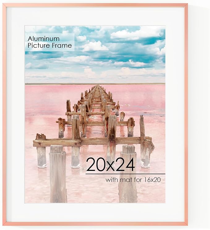 20x24 Metal Picture Frame for Wall With Mat for 16x20, 20''x24'' Aluminum Photo Frames With Tempered Glass for Home Decor, Minimalist Modern Poster Frame Horizontal And Vertical Formats, Rose Gold