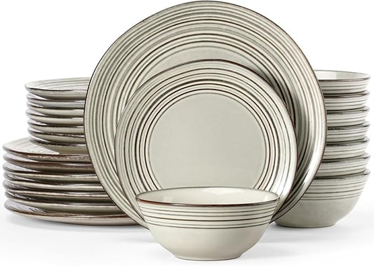 Famiware Plates and Bowls Sets 24-Piece Stoneware Dinnerware Sets, Dishes Set for 8, Hand-made Reactive Glaze Dish Set, Twilight Series, Terre-verte