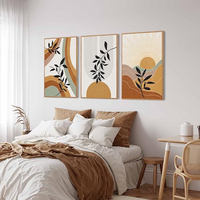 BINCUE Large Boho Framed Wall Art Painting Mid Century Modern Decor Prints for Living Room Bedroom Bathroom 16x24 Inch 3 Pieces