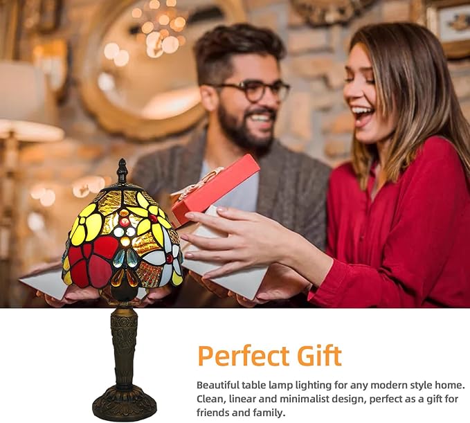 Tiffany Style Small Table Lamp,Rose Flower Stained Glass 3 Color Temperature Antique Table Lamps,Bedside Nightstand Lamp for Bedroom,Living Room,Home Office, Include LED Bulb,6X6X12.5Inch