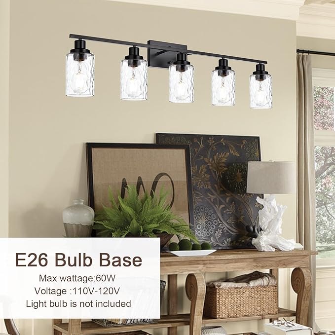MELUCEE 5-Light Bathroom Lighting Fixtures Over Mirror, Contemporary Black Vanity Light Industrial Wall Lamp with Clear Hammered Glass Shade (Patent No.: US D963914 S)