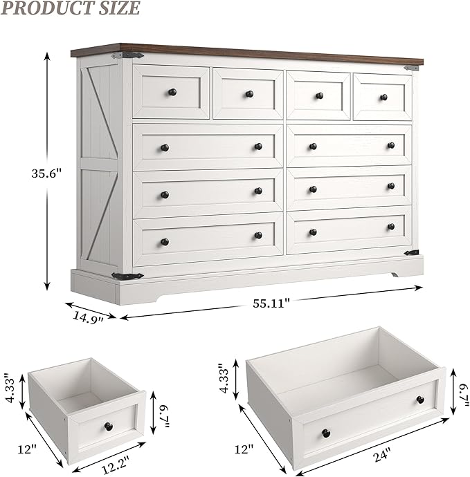 EnHomee 10 Drawer Dresser for Bedroom,55.11" W Farmhouse Dressers and Chests of Drawers with Smooth Metal Rail,Large and Wide TV Stand Hallway,Antique White,14.9" D x 55.11" W x 35.6" H
