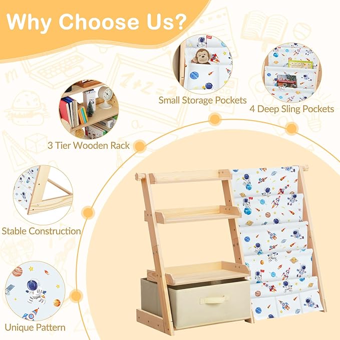 Kids Bookshelf and Toy Storage Organizer Wooden 2 in 1 Toddler Bookcase-4 Tier Book Shelf with Toy Box for Kids Room,Nursery,Playroom
