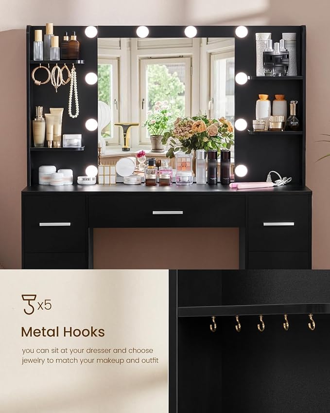 Quimoo Large Vanity Desk with LED Lighted Mirror & Power Outlet,Makeup Vanity Table with 7 Drawers,4 Shelves and 5 Hooks,Vanity Table, Vanity Desk Set for Bedroom,Bathroom，Black