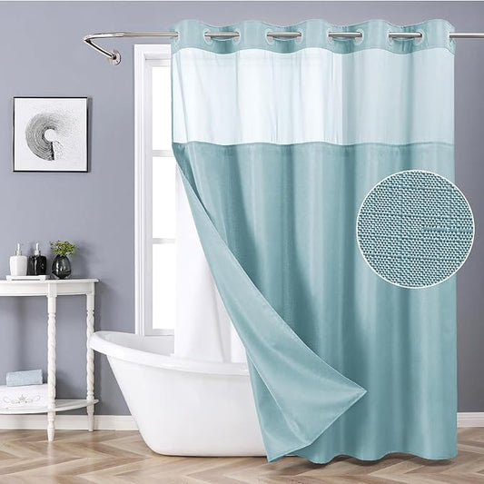 Teal No Hook Shower Curtain with Snap-in Fabric Liner Set,Slub Textured Fabric Shower Curtains for Bathroom,Hotel Style Modern Shower Curtain,Water Repellent & Washable,71x74(72)