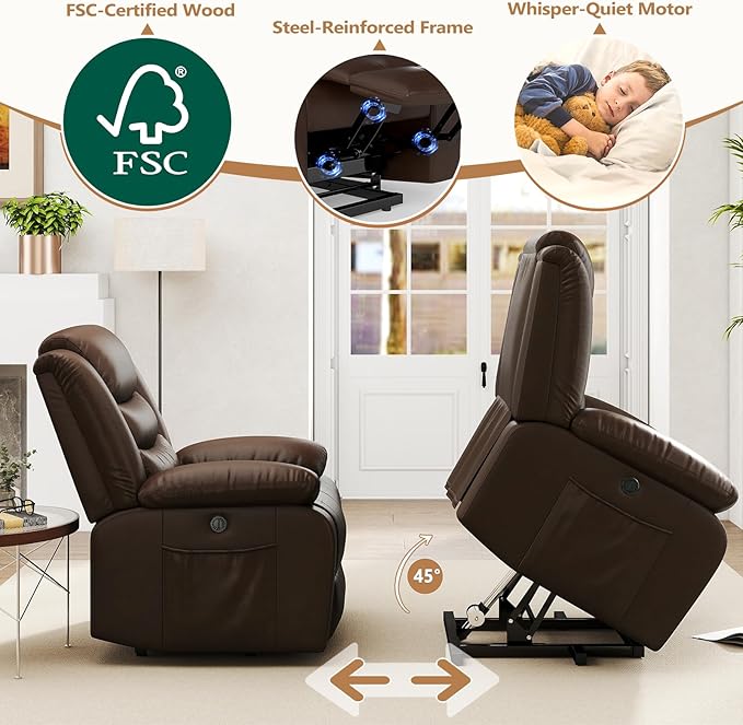 ANJ Power Lift Recliner Chair with Massage and Heat, PU Leather Overstuffed Electric Lift Chair for Elderly, Oversized Single Sofa Recliner with Side Pockets, Remote Control(Brown)