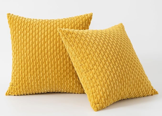 Kevin Textile Throw Pillow Covers Soft Corduroy Decorative Set of 2 Boho Striped Pillow Covers Pillowcases Farmhouse Home Decor for Couch Bed Sofa Living Room 24x24 Inch Mustard Yellow