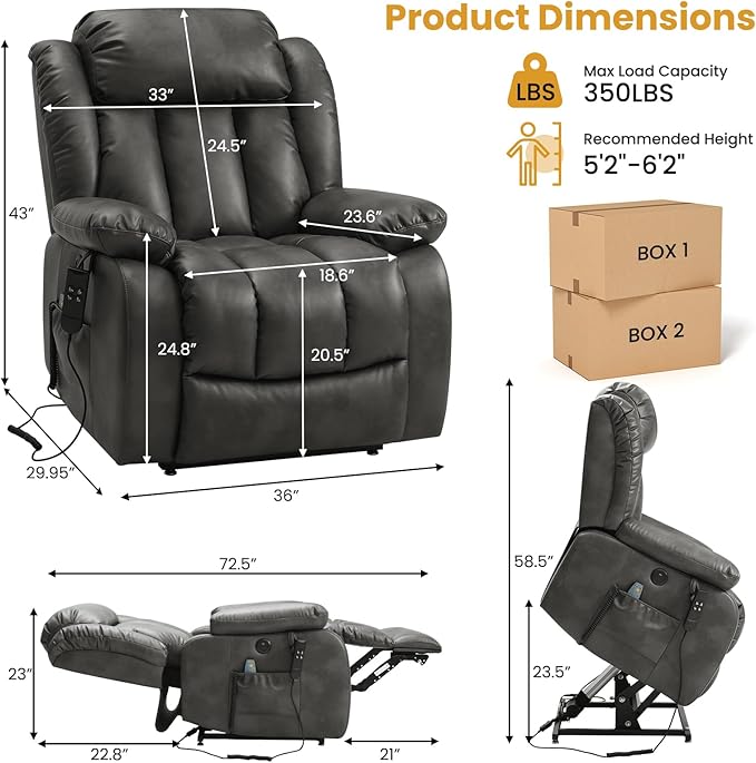 PARKOL Large Breathing Leather Infinite Position Power Lay Flat Lift Recliner Chairs for Elderly, Dual Motor with Massage and Heating, Extended Footrest,USB & Type-C Port and Remote, Sliver Gray