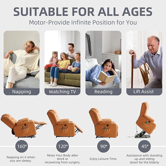 Power Lift Recliner Chair for Elderly, Electric Recliner Chairs for Adults with Massage and Heat, Cup Holders, Remote Control, USB Ports, Side Pockets, Leather (Bright Orange) ﻿