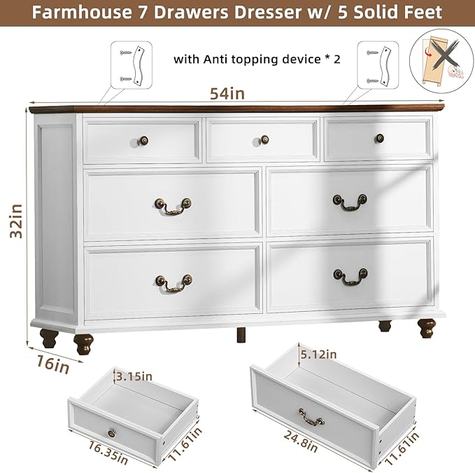 Farmhouse 54" 7 Drawers Dresser for Bedroom, White Wood Chest of Drawers w/ 4 Wooden Legs, Vintage Closet Storage Dressers Organizer for Hallway, Rustic Large TV Stand for Living Room, Foyer