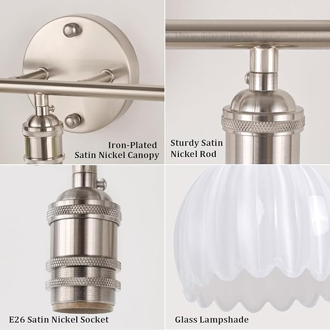 Bathroom Light Fixtures, 3-Light Vanity Wall Light Over Mirror with White Tulip Glass Shade for Bedroom Living Room, Satin Nickel