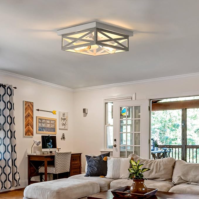 White Farmhouse Ceiling Light Fixtures, Industrial Kitchen Ceiling Fixture for Bedroom, 2-Light Rustic Metal Finish Farmhouse Flush Mount Ceiling Light,Square Cage Hallway Light
