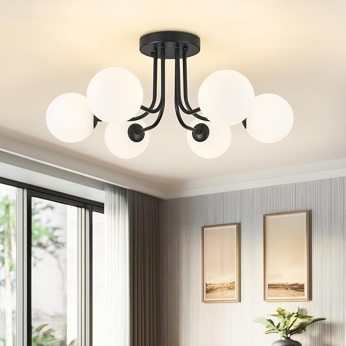 Matte Black Semi Flush Mount Ceiling Light in Modern Farmhouse Design Features 6 Frosted Glass Shades, Ideal for The Living Room, Bedroom, or Dining Room. Model:CKCL4845-6W-BK