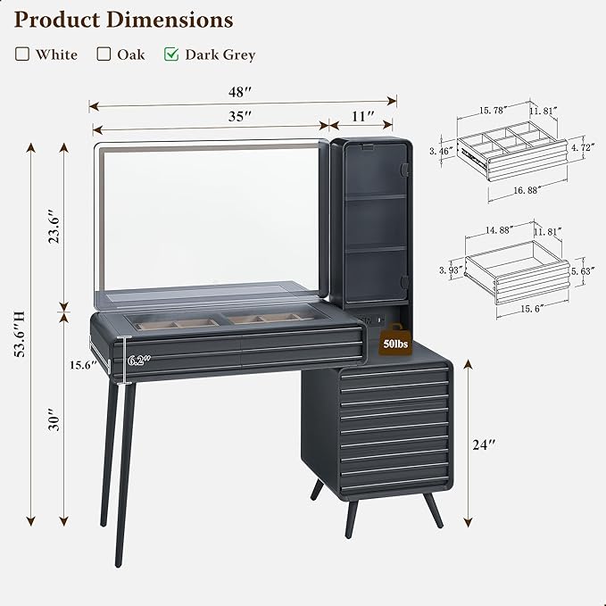 Fluted Makeup Vanity Desk with Large 35" HD Lighted Mirror, 48" Mid Century Modern Glass Top Vanity Table with 5 Drawers & Adjustable Shelf, Dressing Table w/Charging Station for Bedroom