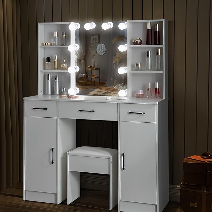 JBLCC Vanity Desk with Mirror and Lights, 39.4‘’ White Makeup Vanity with 3-Color Lighted Mirror, 5 Drawers & Open Shelves, Big Vanity Table for Bedroom, Girls & Women
