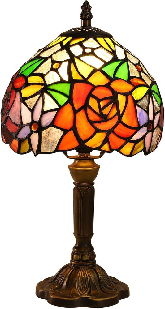 Rose Tiffany Small Table Lamp 3 Way Color Temperatures Stained Glass Bedside Nightstand Table Lamps for Living Room,Bedroom, Home Office Reading Desk Lamp+LED Bulb,8X8X15 Inch