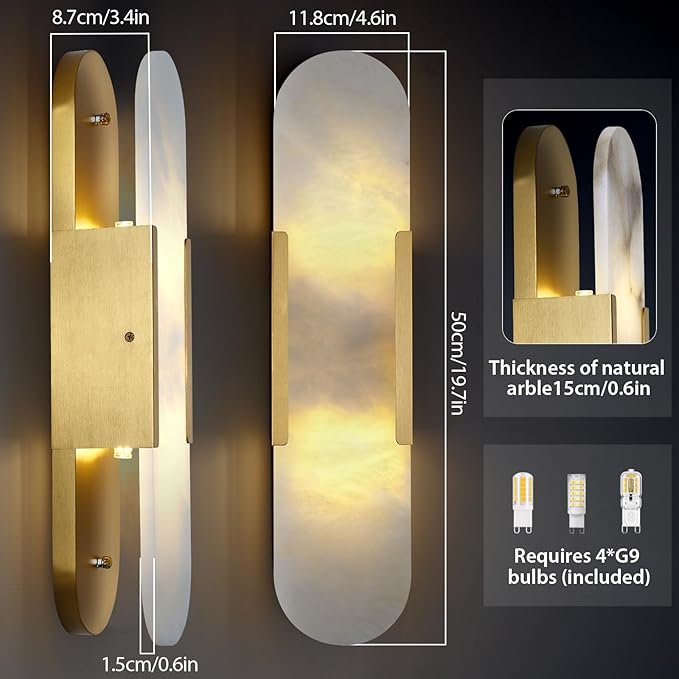 19.7in Brass Alabaster Wall Sconces, Natural Marble Wall Sconces Set of Two Indoor Alabaster Sconces for Living Room Modern Alabaster Sconces Wall Lighting for Dining Room Stairs Bedroom