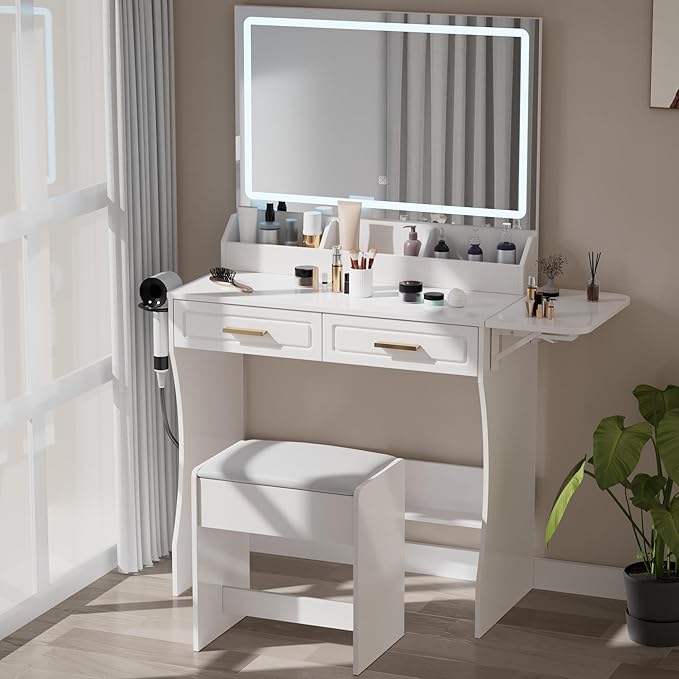 Modern White Makeup Vanity Desk with Adjustable Lights, Mirror, and Storage - Complete Vanity Set with Drawers, Shelves, and Stool