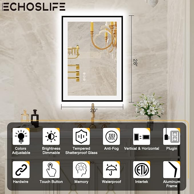 20x28 LED Bathroom Mirrors for Wall -Black Aluminum Framed (Front and Backlit), Anti-Fog Vanity Mirror With Lights,Stepless Dimmable Lighted Mirror,3 Colors Smart Mirror(Horizontal/Vertical)