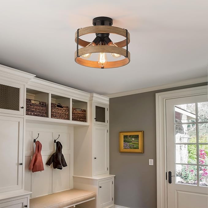 2 Pack 3-Light Rustic Farmhouse Metal Flush Mount Ceiling Light Fixture Wood Grain Metal Round Drum Semi Flush Mount Ceiling Light for Hallway Hall Entry Bedroom Farmhouse Home, Black